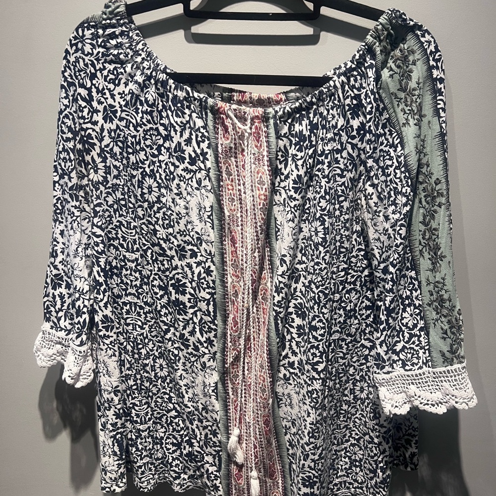 Nygard Floral Boho Blouse with Lace Trim